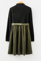 Ribbed Knit Bodice Contrast Flared Belted Midi Dress