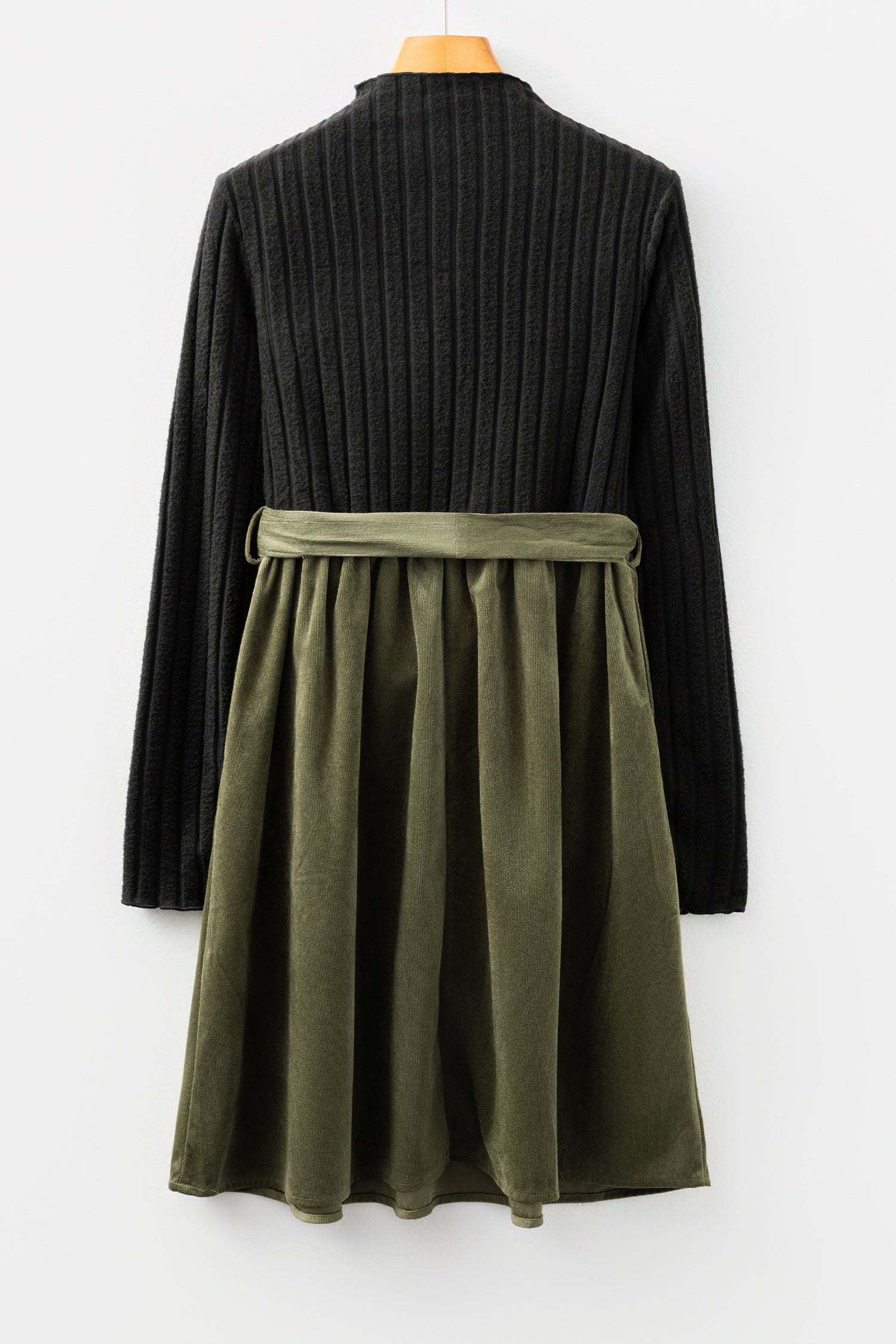 Ribbed Knit Bodice Contrast Flared Belted Midi Dress