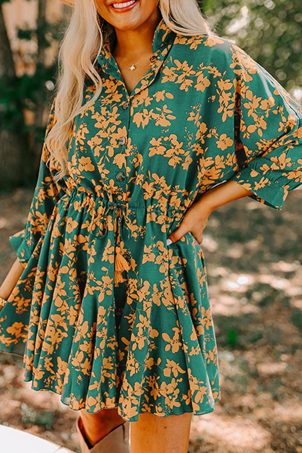 Green Floral Print Drawstring Tunic Flowy Mini Dress