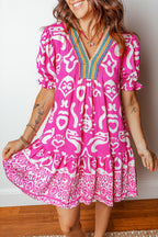 Rose Boho Mixed Print Contrast Trim V Neck Short Sleeve Flared Dress