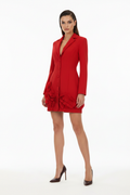 Red Ruffle Blazer Dress – Dark Brown Stilettos, No Bracelets