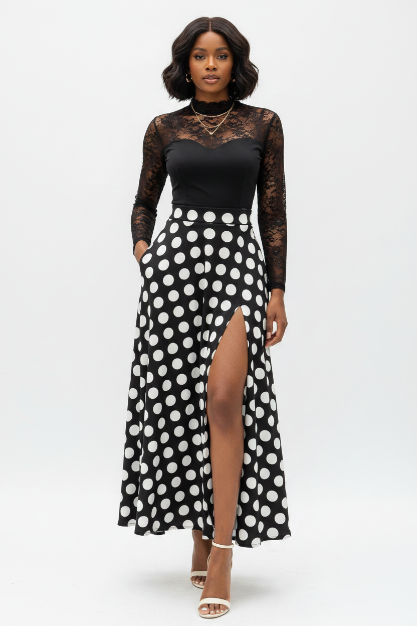 VKXEN Model A — Polka Dot Slit Maxi Skirt x Black Lace Mock Neck Top
