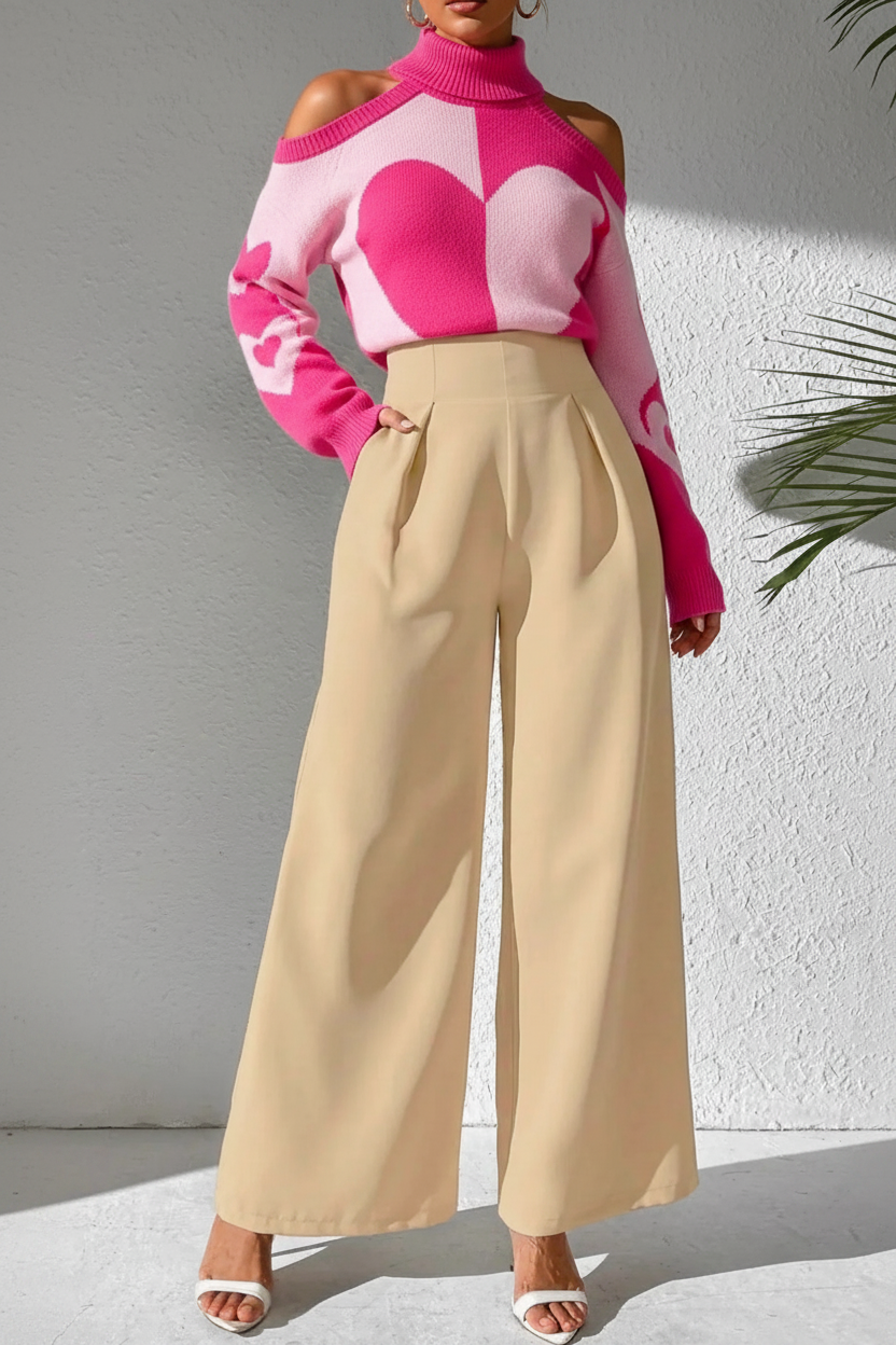 VKXEN Outfit — Wide Leg Pleated Palazzo + Heart Sweater